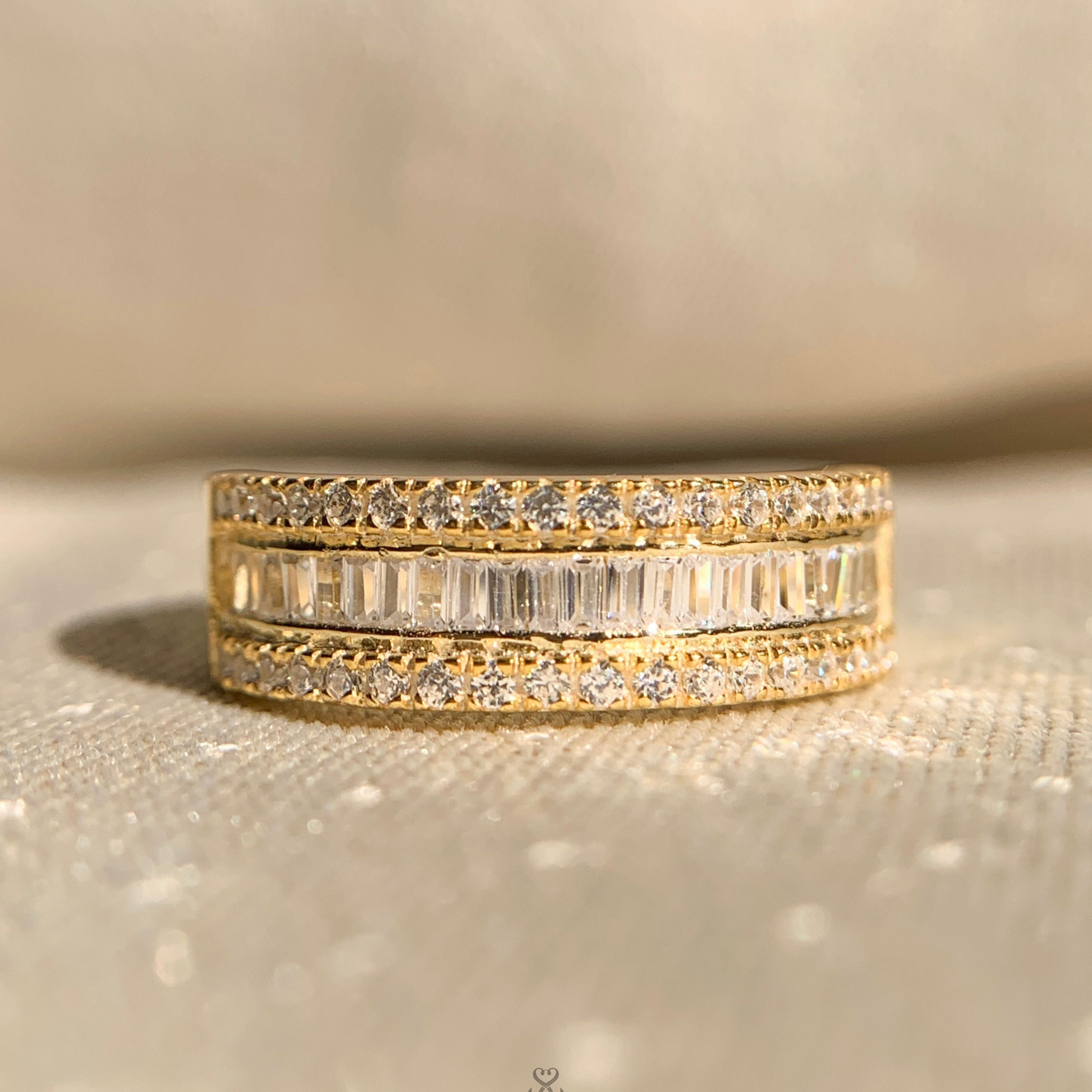 Elegant baguette and round diamond anniversary wedding band in 14k white gold